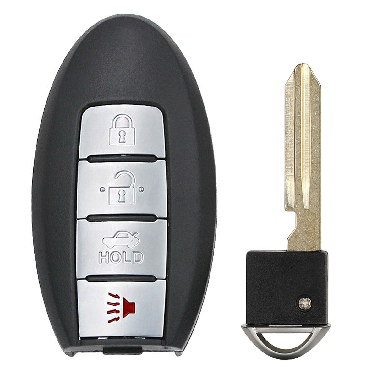 High-quality replacement aftermarket 4 button smart keyfob transmitter 285E3-JA02A for Nissan and Infiniti with H0564-1FA0B emergency insert key blade.